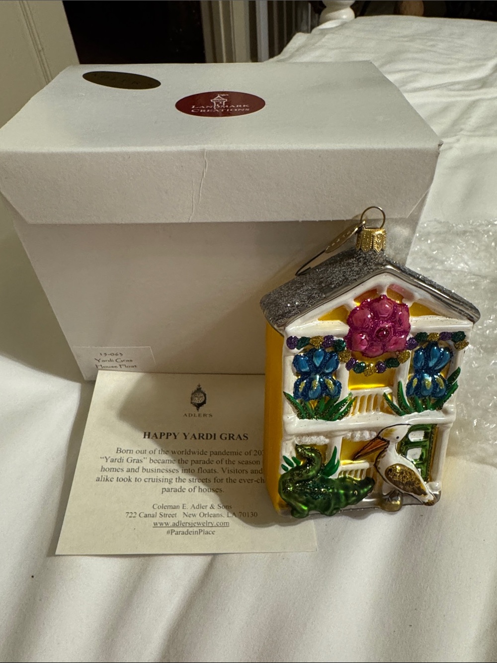 Adler’s Happy Yardi Gras Yellow and Multicolor Glass Ornament